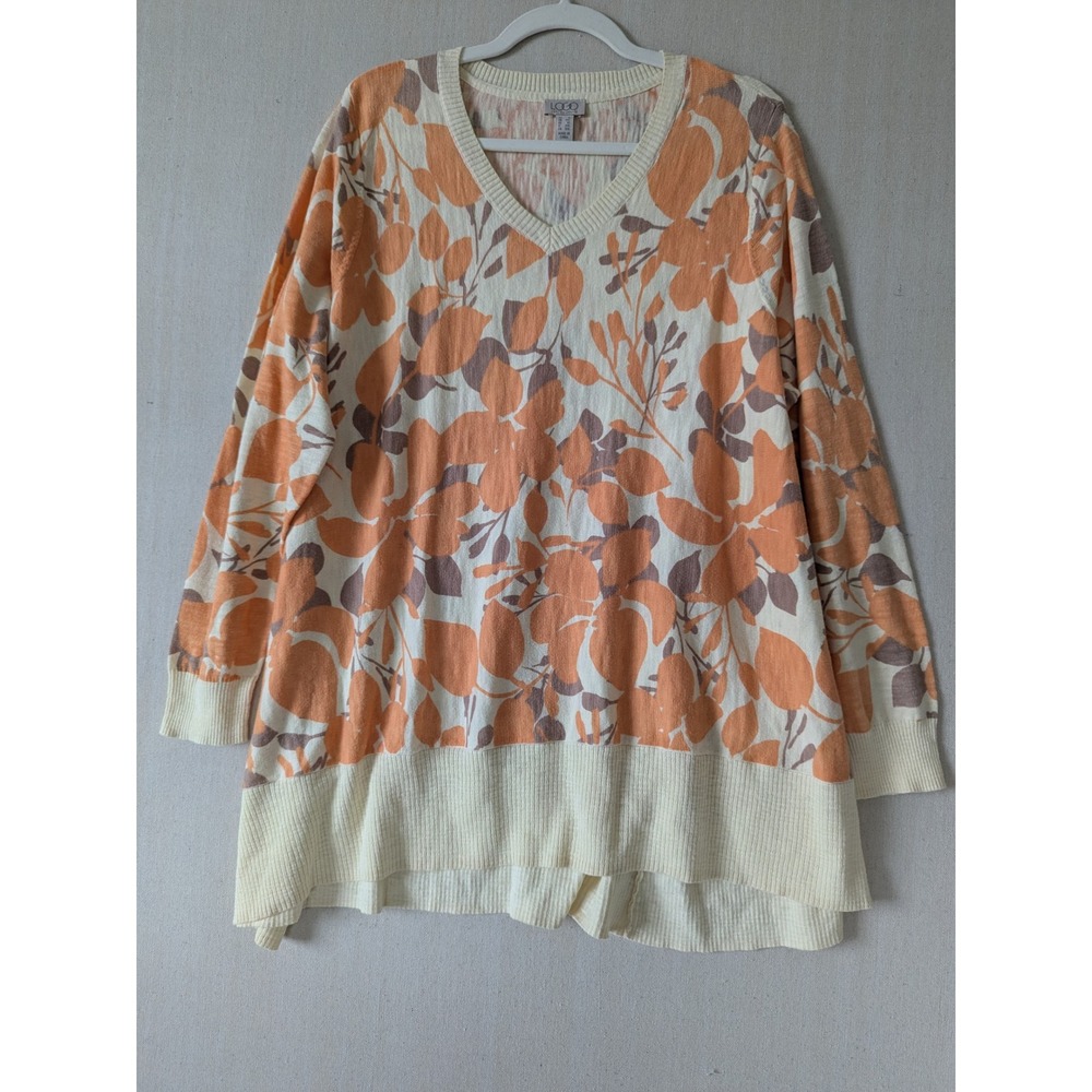LOGO Lori Goldstein Tunic Womens 1X Orange Cream Floral Cotton V-Neck Soft Boho